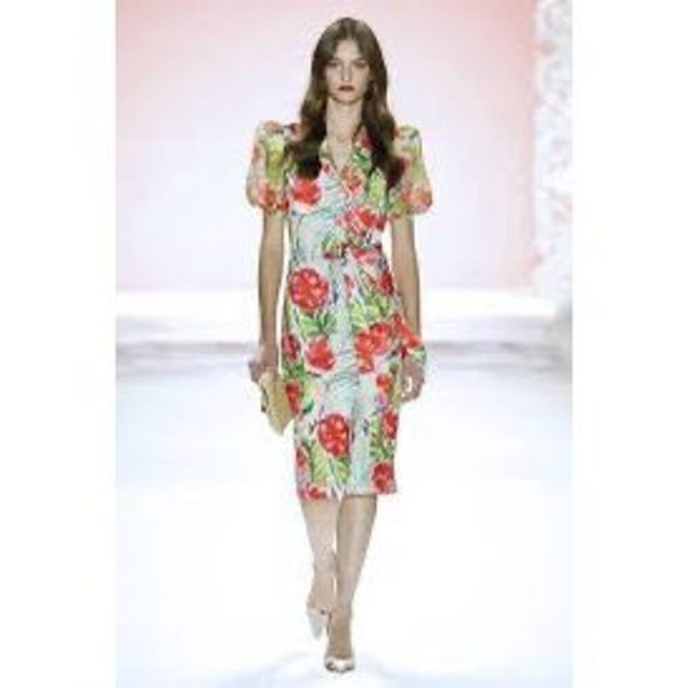 Badgley Mischka Size 2 Palm Floral Collared Sheath Dress Green Pink Knee Length